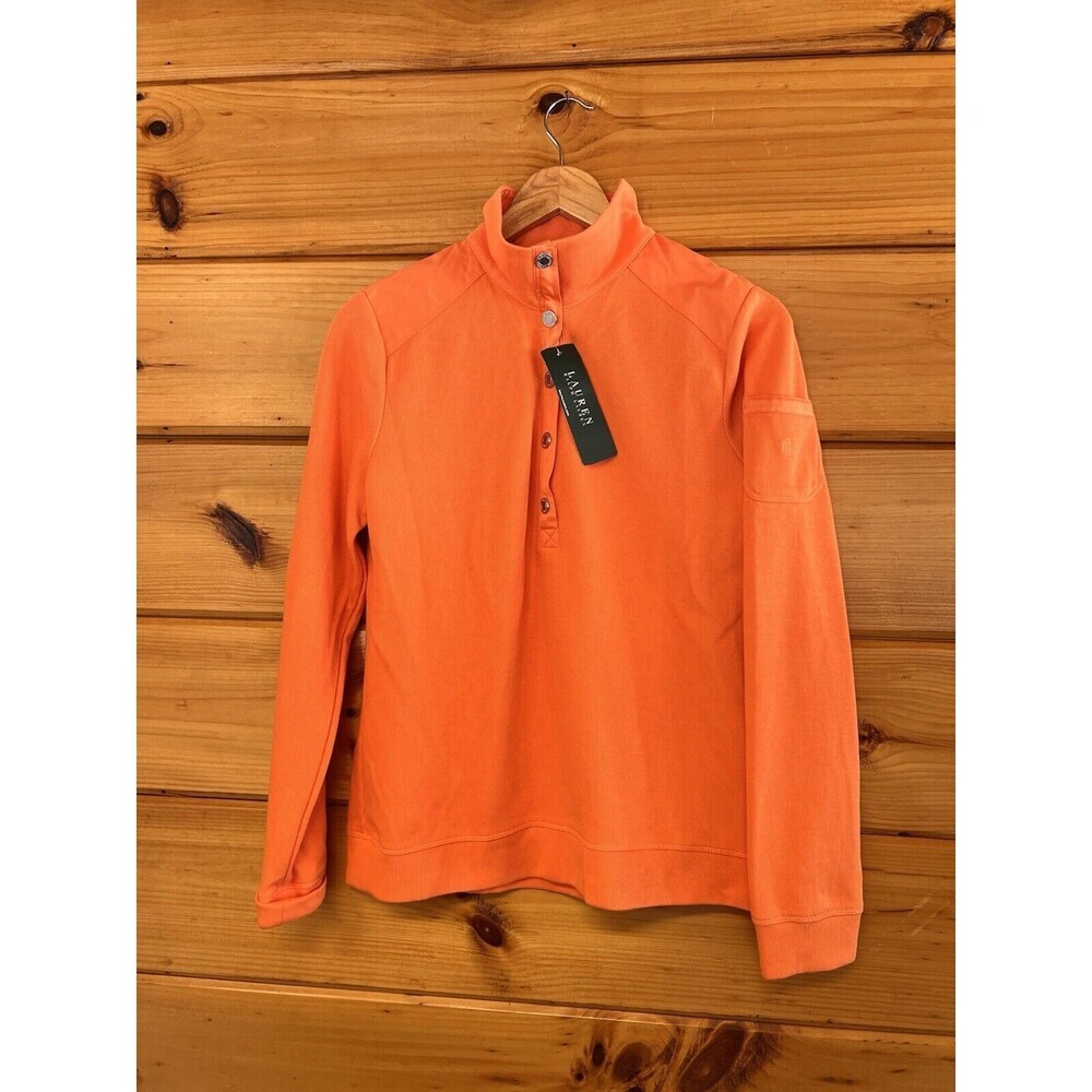 $89 Lauren Ralph Lauren Women’s Sz M, 1/2 Metal Snap Orange Rib Knit Pullover